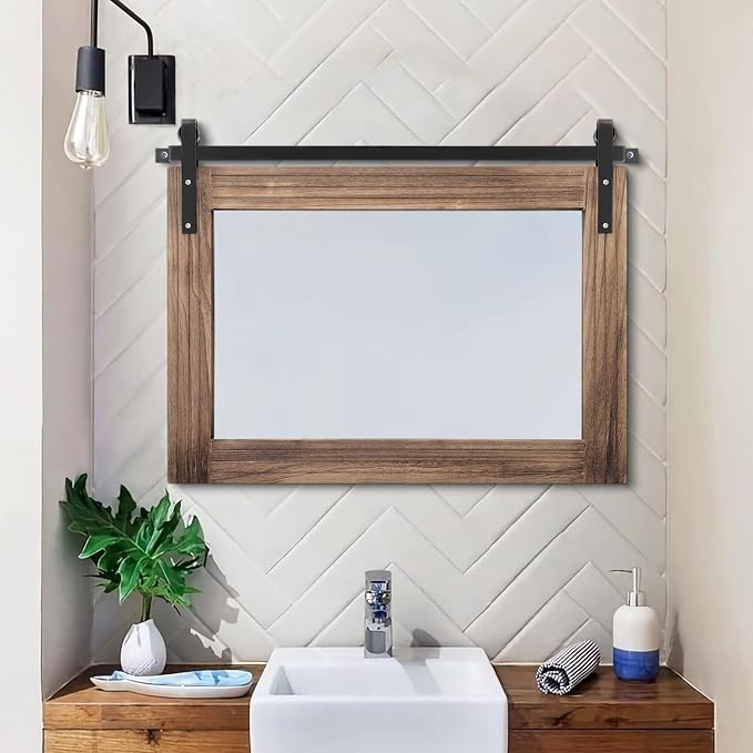 AAZZKANG Wood Mirror Rectangle Large Rustic Wall Mirror 18"x26" with Framed Bedroom Living Room Bathroom Hanging Mirror Horizontal