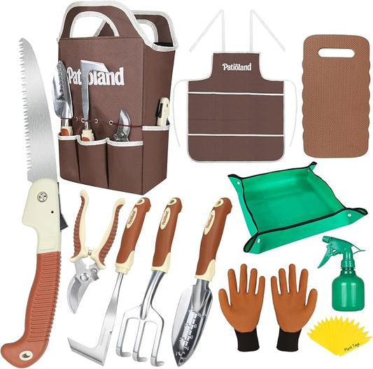 Brown Gardening Sets 26-Piece, Gardening Kit with Non-Slip Ergonomic Handle, Storage Handbag, Gardening Gloves, Apron and Repotting Mat, Gardening Gift for Women Men