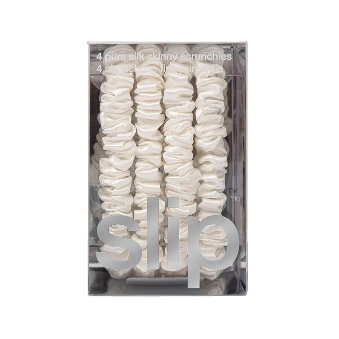 Slip Silk Hair Ties — Skinny Silk White Scrunchies, No Damage, No Crease, Anti-Breakage |100% Mulberry Silk | All Hair Types | Made with Proprietary Slipsilk™ | Set of 4