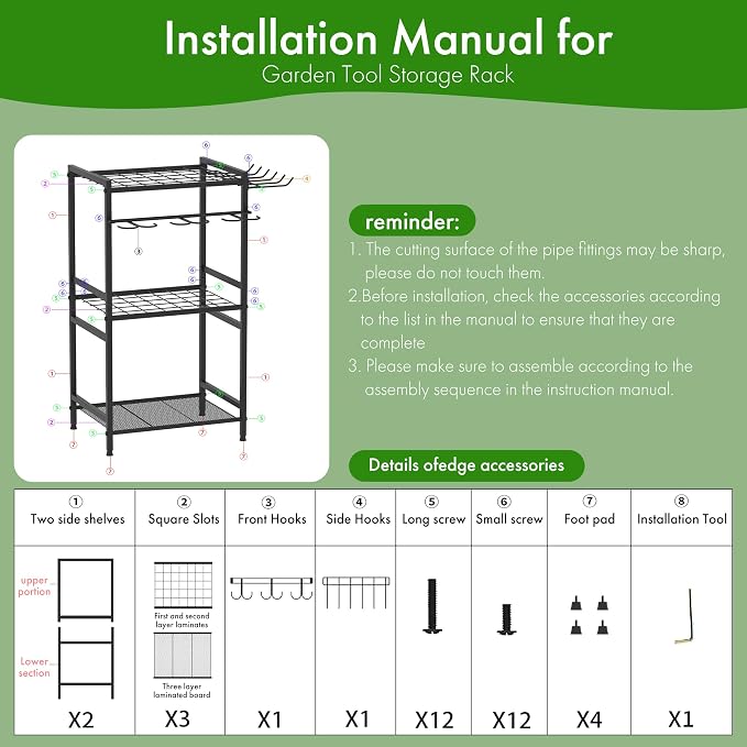Garden Tool Organizer‑70‑Hole Garage Storage Rack with Adjustable Feet & Sturdy T‑Handle Hooks, Broom/Mop Holder for Yard, Shed, Multi‑Scene Use, No‑Tool Assembly, Black Garage Storage Rack