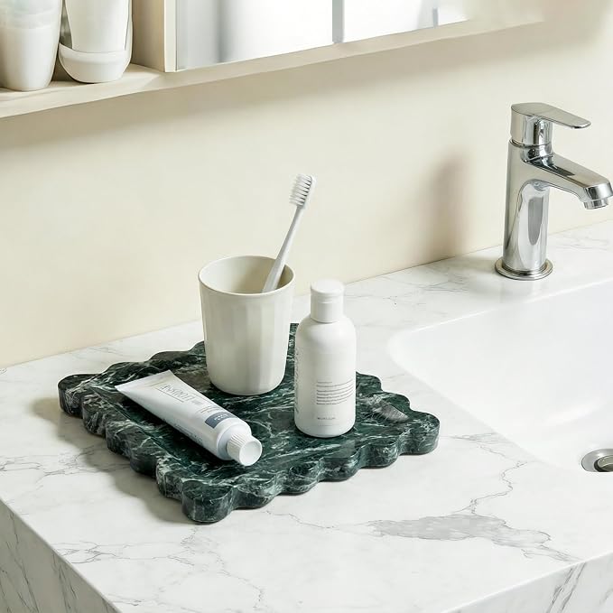 Scalloped Square Marble Decorative Tray, Natural Stone Vanity & Jewelry Tray, Trinket Organizer for Ring, Key, Dresser, Nightstand, Bathroom Counter & Kitchen Sink(Verde Alpi Green)