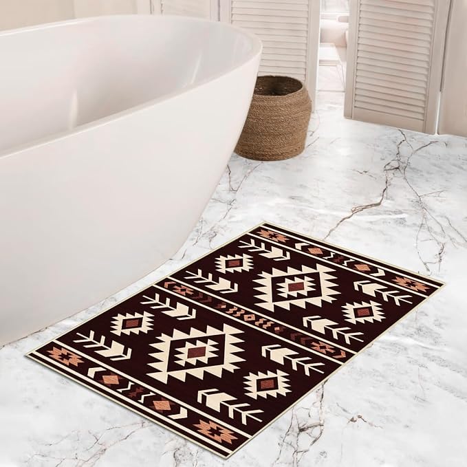 Western Area Rug 4x6 for Living Room, Southwestern Aztec Tribal Area Rugs Southwest Navajo Machine Washable Rug Non-Slip Printed Low-Pile Floor Carpet for Bedroom Dining Room Office, Red Brown