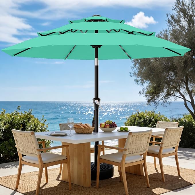AreShark 9ft 3-Tier Patio Umbrellas, Outdoor Umbrella with 8 Sturdy Ribs UV Protection Windproof, Market Table Umbrella w/Push Button Tilt & Crank for Pool, Porch, Deck, Garden(Aruba Blue)