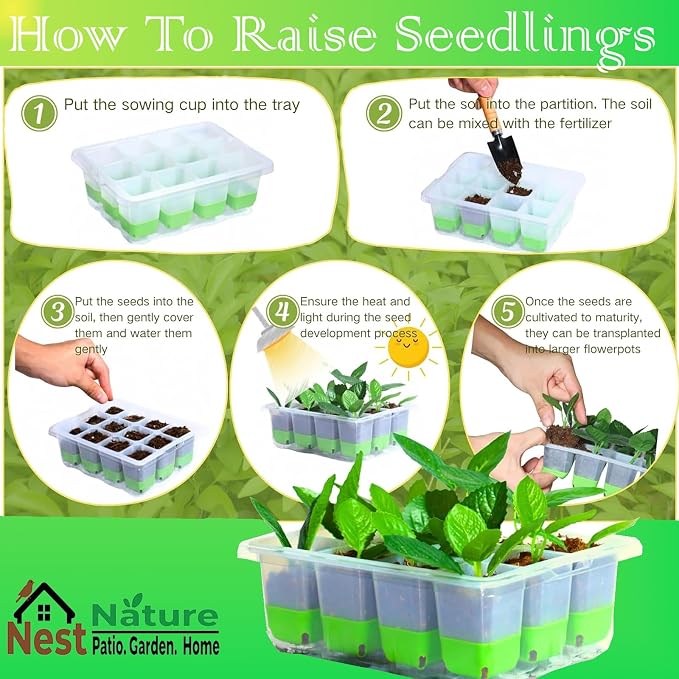 NestNature 5-Pack Seed Starter Tray Set|Reusable 60Cell Seed Starter Trays | Flexible Germination Trays For Plants|Seed Trays With Flexible Pop-Out Design&Dishwasher Safe For Herbs,Vegetables,Flowers