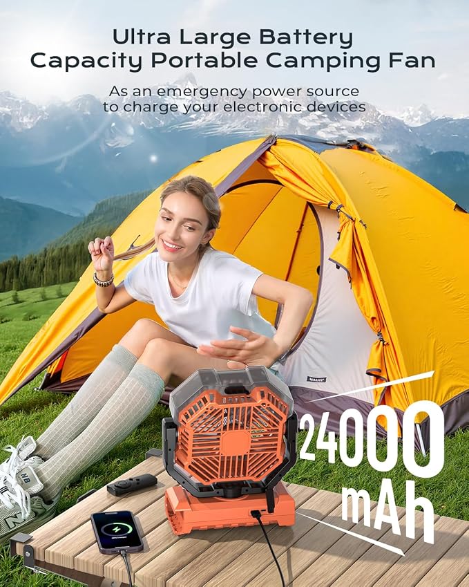 Misting Fan, Portable Camping Fans with 9oz Water Tank, 24000mAh Rechargeable Fan with 4 Speed, Battery Powered Fans with 120H Cooling, Last 5H Mist, 2 Mist Modes, Light, Outsides/Summer Essential