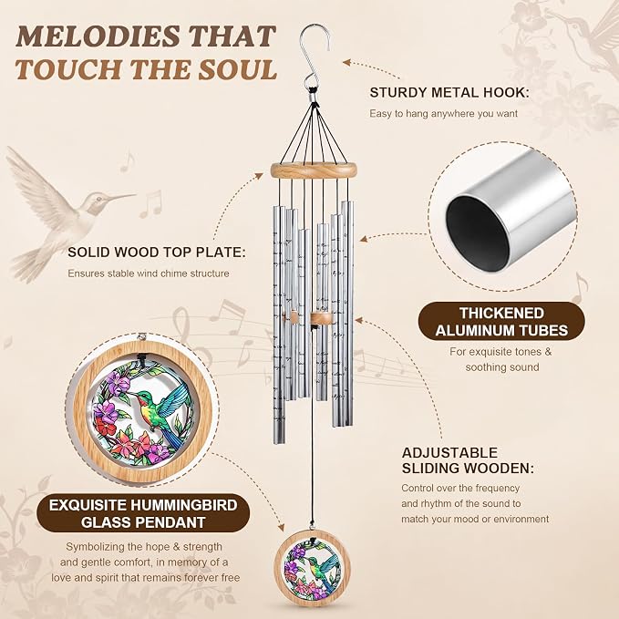 Sympathy Wind Chimes for Outside 34" Hummingbird Memorial Wind Chime Outdoor for Garden Porch Decor Hummingbird Memorial Sympathy Gift for Loss of Loved One Mom Dad Grandpa Grandma Friends