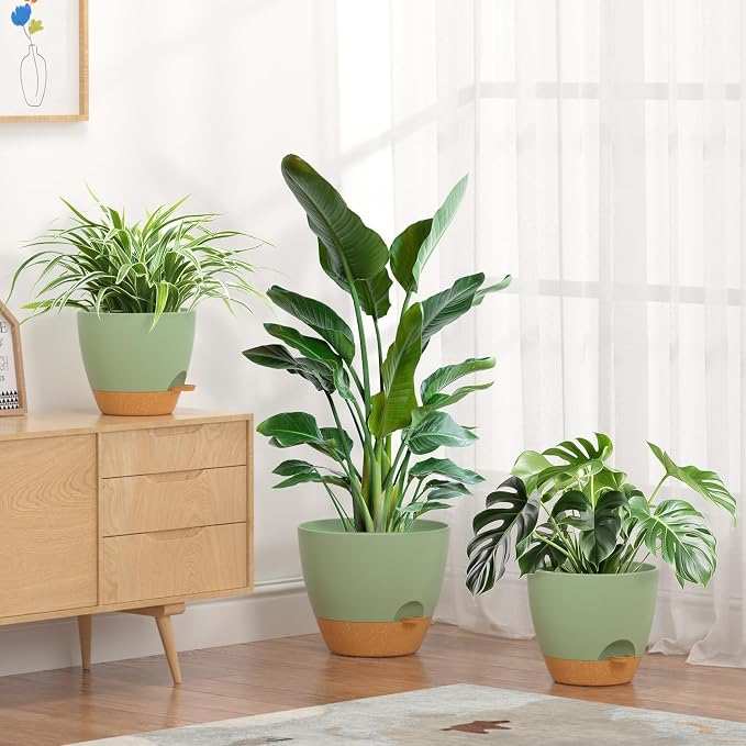 12/10/9/8/6 Inch Self Watering Pots for Indoor Outdoor Plants, Set of 5 Large Plastic Planters with Visual Water Window, Drainage Holes & Watering Lip, Modern Decorative Flower Pots (Green)