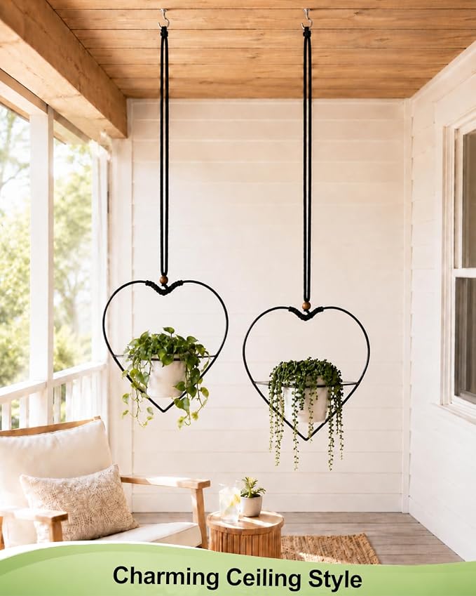 vensovo Decorative Hanging Planter Set of 2 – Heart-Shaped Metal Frame Hanging Plant Holders with Braided Rope, Wooden Bead Accent & White Plastic Pots – Romantic Home Garden Decor