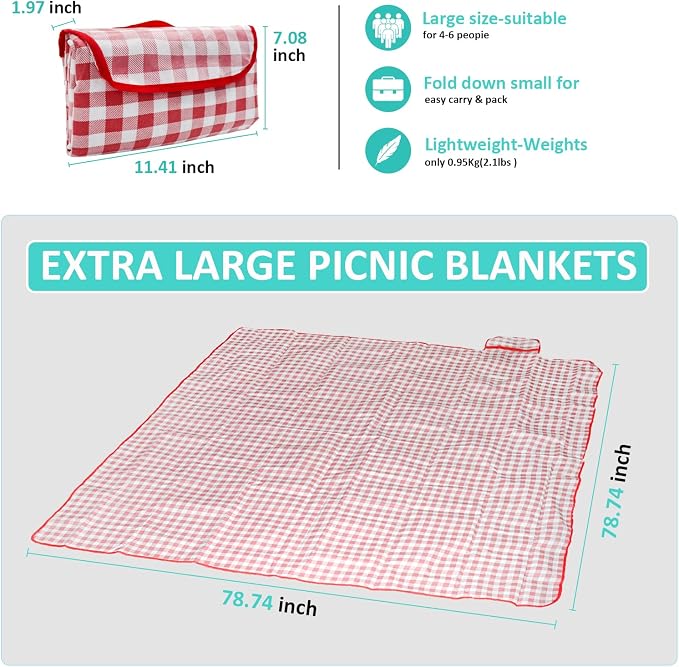 Outdoor Picnic Blanket,Extra Large Picnic Blanket Beach Blankets, Picnic Mat Waterproof Sand Proof Foldable Portable for Outdoor Camping Hiking Travel Grass Music Festival Lawn Mats (red)