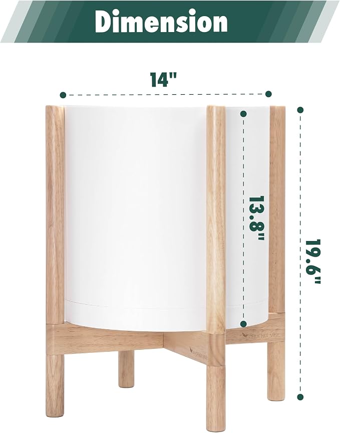 D'vine Dev Planter Pot with Stand - 14 Inch Plastic Cylinder Flower Pot with Wood Planter Holder for Indoor, Matte White Pot + Natural Stand, 55-C-S-1