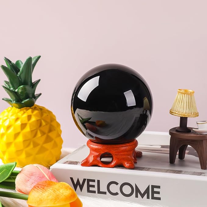Black Obsidian Crystal Ball 80mm/3.1 inch with Rose Wooden Stand and Gift Box for Home Decor, Meditation,Fortune Teller,Feng Shui,Halloween,Magic,Quartz Crystal Orb Prop Decorative Glass Sphere