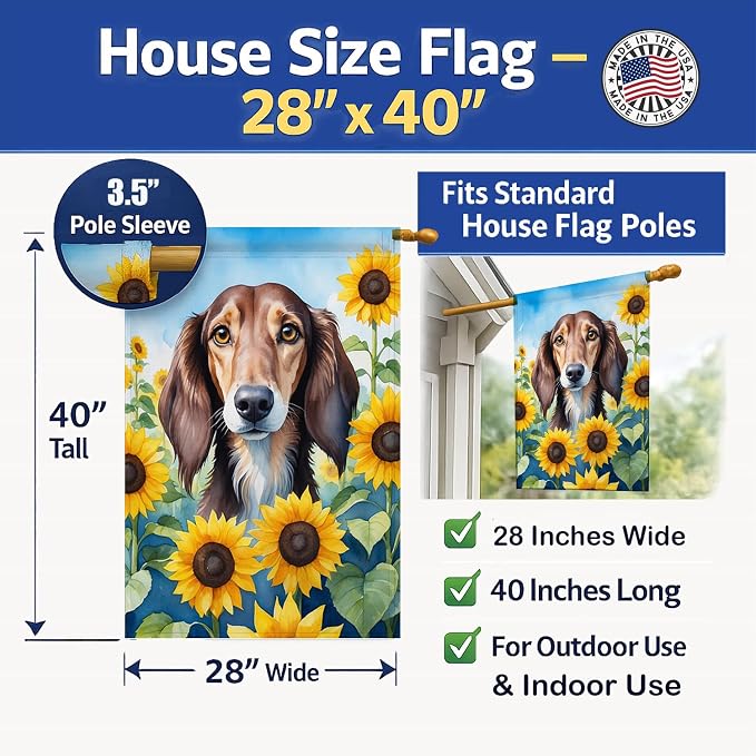 Caroline's Treasures DAC6152CHF Saluki in Sunflowers House Flag Large Porch Sleeve Pole Decorative Outside Yard Banner Artwork Wall Hanging, Polyester, House Size, Multicolor