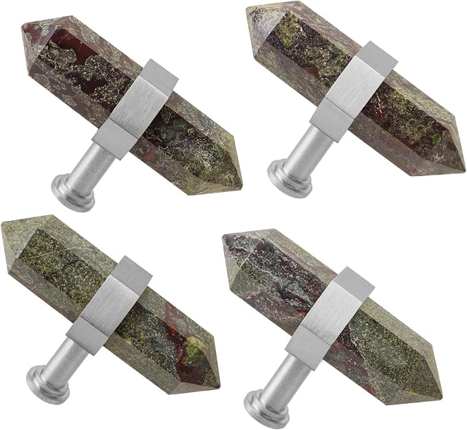 mookaitedecor Set of 2 Dragon Blood Jasper Double Crystal Points Drawer Knobs with Screws, Decorative Stone Cabinet Handle Pulls for Dresser Cupboard Kitchen Decor, Brushed Stainless Steel