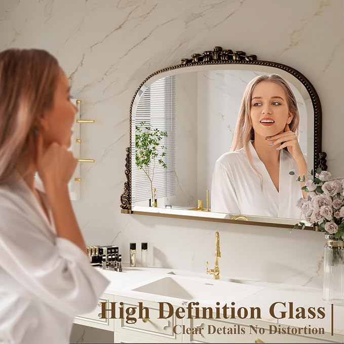 27"×36" Bronze Wide Arched Wall Mirror with Vintage Carving | Bathroom Vanity Makeup Mirror, as Wall Decor Hanging Leaning for Fireplace Mantle, Living Room, Bedroom, Vanity Area