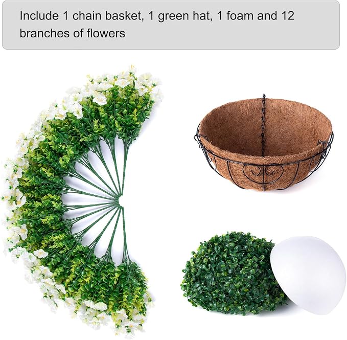Artificial Fake Hanging Flowers Plants Baskets Spring Outdoor Decor, Outdoor Faux Silk White Morning Glory Eucalyptus in Planter UV Resistant Realistic for Outside Porch Patio Balcony Garden Yard Home