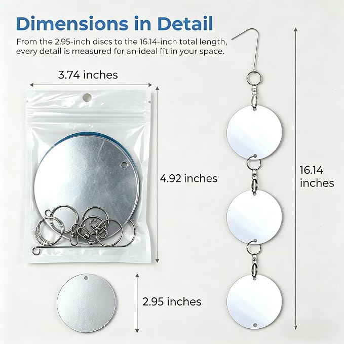 TJE Reflective Hanging Discs, Double-Sided Mirror Acrylic Decor with 360° Rotating Hook for Garden Yard Balcony Outdoor, 16.1 x 3.0 in