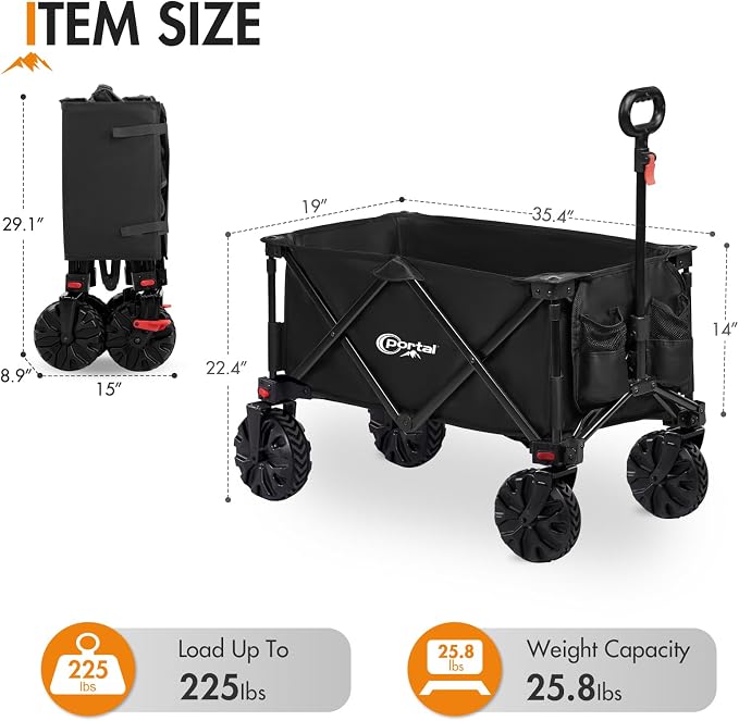 PORTAL Heavy-Duty Folding Wagon Cart, Large Collapsible Utility Wagon with All-Terrain Wheels for Beach, Camping, Garden & Grocery