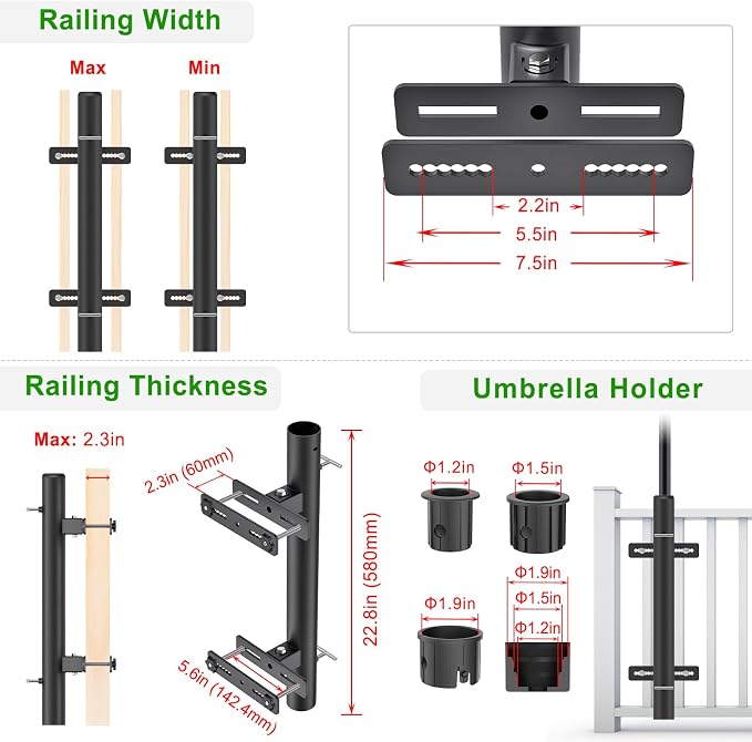 Heavy Duty Deck Railing Umbrella Holder, Adjustable Patio Umbrella Stand for 1-2 Inch Poles, Secure & Sturdy Railing Grille Mount, Maximizes Outdoor Space
