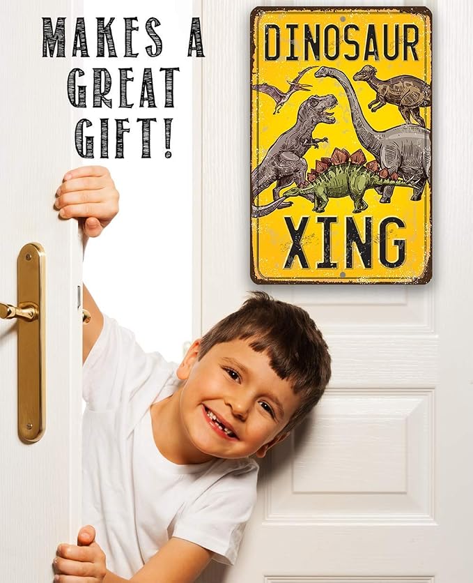 Dinosaur Crossing Sign - Cool Tin Sign for Wall Decor, Dinosaur Party Decoration Signs, Dinosaur Poster for Boys Room and Play Room, 8x12 Use Indoors or Outdoors Durable Rustic Metal Sign