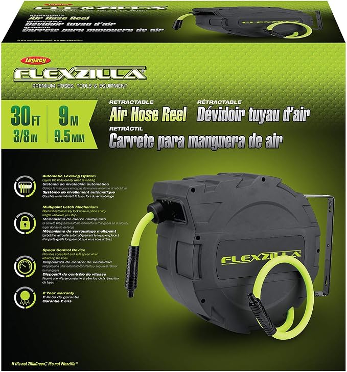 Flexzilla Retractable Enclosed Plastic Air Hose Reel, 3/8 in. x 30 ft, Heavy Duty, Lightweight, Hybrid, ZillaGreen - L8232FZ