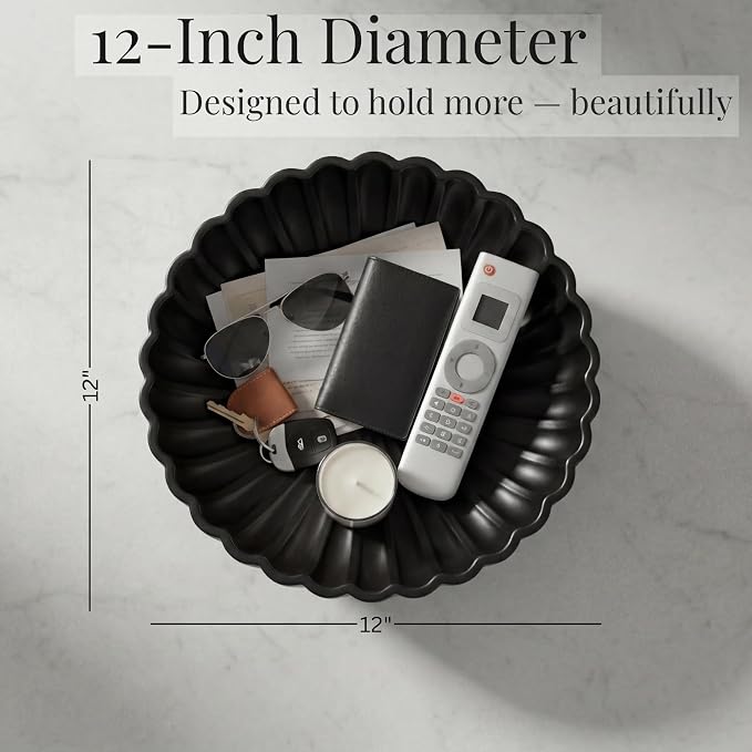 Key Bowl - Black Fruit Bowl and Decorative Ceramic Bowl for Entryway Decor - Large 12 Inch Stone Fruit Bowl for Keys and Entryway Table - Modern Home Decor Centerpiece - Charcoal Black