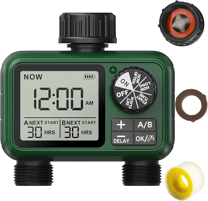 Water Timer for Outdoor Garden Hose, Sprinkler Timer for Garden Faucet with Auto/Manual/Rain Delay Mode, Sprinkler Irrigation Controller for Yard Lawn (2 Zone Plastic Inlet)