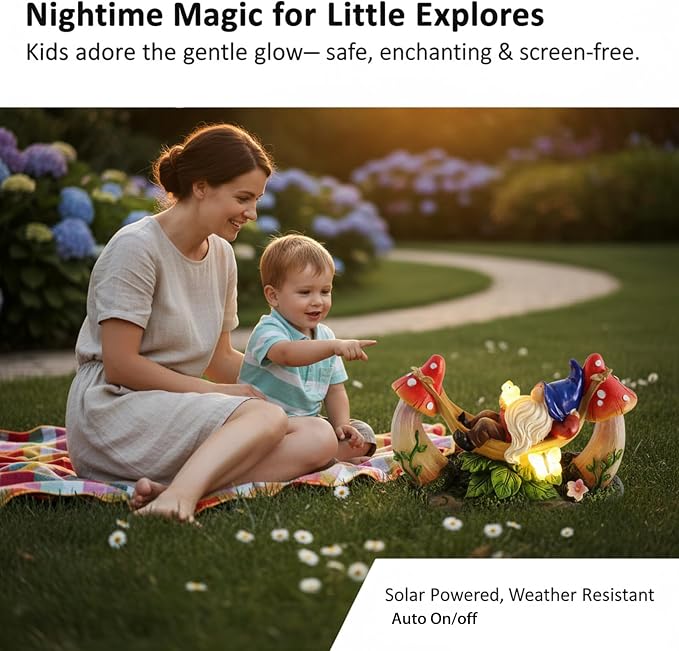 Solar Gnome Garden Statue with Mushroom and Butterfly Lights Outdoors, Waterproof Garden Decor for Yard Lawn Balcony, Cute Gnome Figurine for Outdoor Patio Decor, Ideal Gift for Garden Lovers