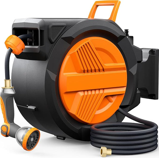 Retractable Garden Hose Reel 1/2” x 100ft, Auto Rewind Hose Reels for Outside, Heavy-Duty Wall-Mounted Outdoor Hose, 10-Mode Nozzle, Adjustable Length, 180° Rotation for Watering, Car Washing