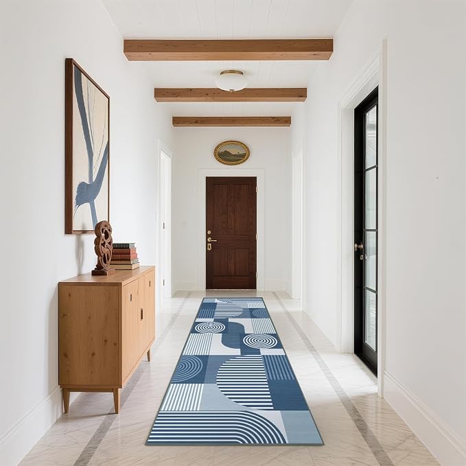Blue Geometric 2x6 Runner Rug for Hallway Kitchen Bedroom Machine Washable Mid Century Modern Rug Non Slip Low Pile Minimalist Line Runner Rugs Long Floor Mat Carpet for Bathroom Laundry,Blue