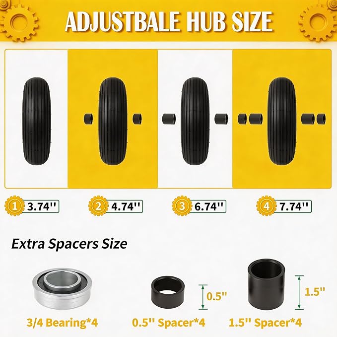 4.00-6 Pneumatic Tire, 13'' Tire and Wheel 330LB Load Capacity, 5/8” & 3/4” Bearings Included, 3.74"-4.74"-6.74"-7.74" Adjustable Centered Hub, for G orilla Carts, Dolly, Hand Trucks, 2 Pack