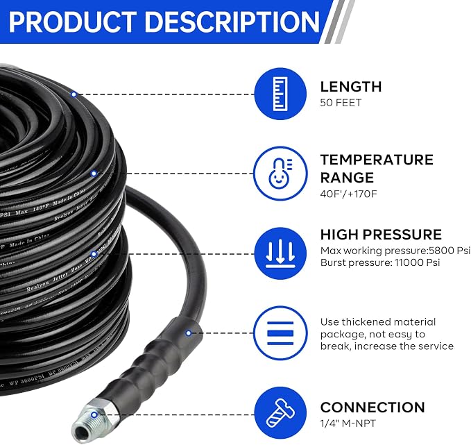 Sewer Jetter Kit 50FT for Pressure Washer, Pressure Washer Drain Jetter with 5800PSI Cleaner Hose 1/4 Inch NPT, Corner, Rotating & Button Nose Sewer Jetting Nozzle Spanner Waterproof Tape Pearl Pin