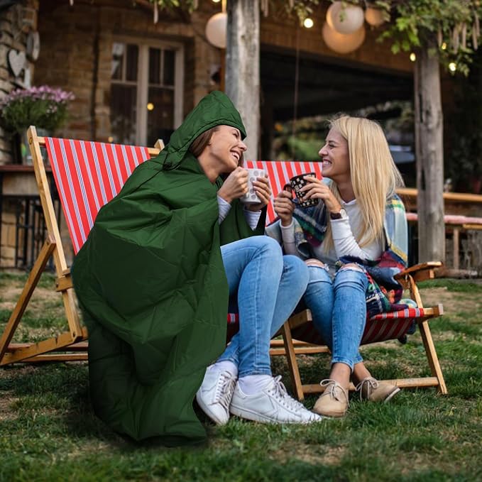 Large Waterproof Outdoor Blanket Thick Fleece 80" x 58" | Windproof Stadium Blanket, Wearable Poncho, Machine Washable for Camping, Car, Pet, Picnics - Green Hooded