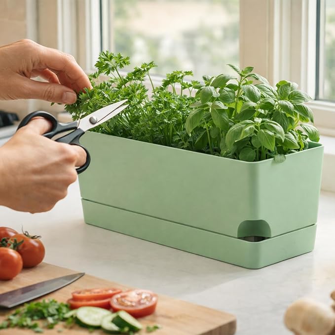 Party Zealot Window Boxes Planters, 5 Pack Self Watering Pots for Indoor Plants 17 Inch Rectangular Planter Rectangle Flower Pots Long Plant Pot Large Window Sill Herb Planter Box, Green