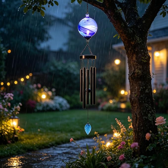 MUMTOP Solar Wind Chime for Outsides, 35" Glass Windchimes with Solar LED Lights Decorative Hanging Wind Bell for Porch Patio and Garden Decor, Blue