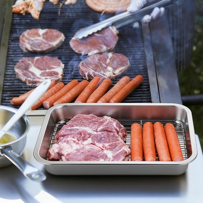 GOLDEN KEY Grilling Prep and Serve Tays,Stainless Steel Grill Carry System,Grill Prep Trays Set of 5,Marinade Container with Lid and Cutting Board,Grilling Gifts for Men