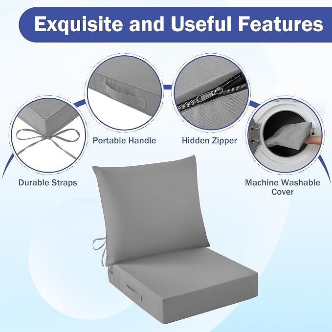 Outdoor Chair Cushions, 24 x 24 Inch Outdoor Cushion for Patio Furniture, Patio Chair Cushion, Waterproof & Fade Resistant Deep Patio Furniture Cushions Set with Handle and Ties, Grey (Set of 2)