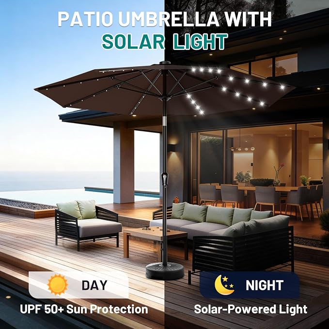 AreShark 9FT Patio Umbrella with Solar Lights, 32 Lighted Pool Umbrella w/Tilt and Crank, Outdoor Table Solar Umbrellas for Garden, Deck, Backyard, Pool and Beach, Light Brown