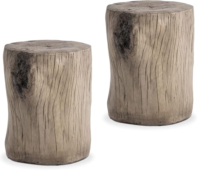 COSIEST 2 Pieses Outdoor Side Table, Hand-Painted Wood Stump Side Table Set of 2, Faux Wood Stool, Ottomans, Plant Stand, Deck or Garden (Grey)