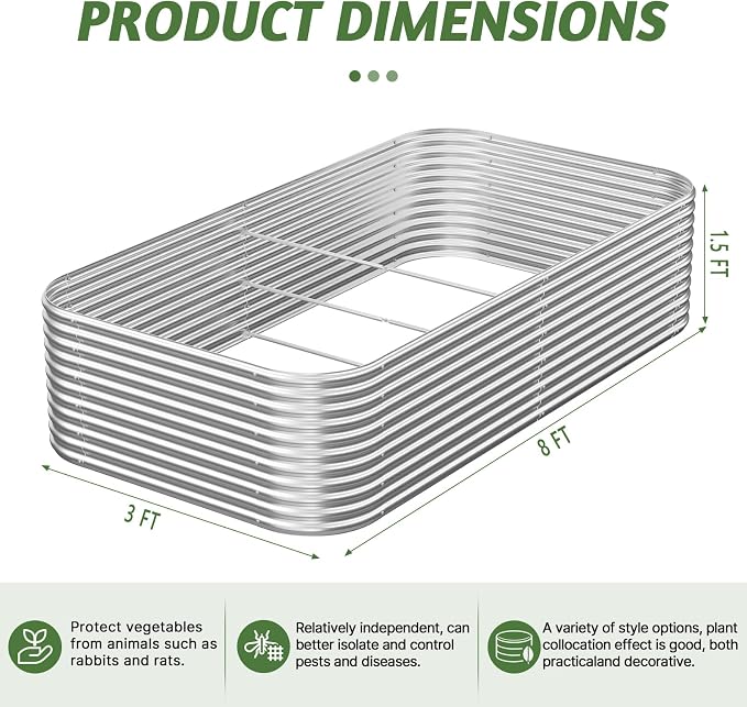 2 Pack Tall 8FT Raised Beds for Gardening, Corrugated Galvanized Steel Raised Garden Bed, Outdoor Metal Above Ground Garden Bed for Vegetables and Flowers-8x3x1.5FT