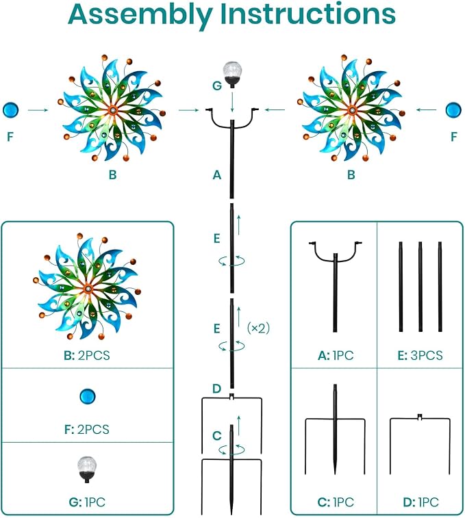 87" Large Solar Wind Spinners Outdoor, Peacock Metal Garden Decor | Handcrafted,Large,Solar-Powered Color-Changing,Rust-Proof,Weather-Resistant,Heavy-Duty,Tool-Free Assembly,Peacock