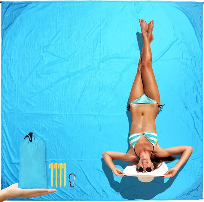 Fammart Beach Blanket Sandproof Waterproof, Extra Large Beach Mat with Stakes & Corner Pockets, Oversized & Compact Sand Free, Quick Drying Beach Essentials for Vacation, Cruise, Picnic & Camping