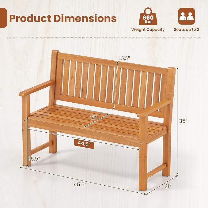 Tangkula 2-Seater Outdoor Wooden Bench, Garden Loveseat Bench with Backrest, Armrests, Slatted Seat, Loads up to 660 LBS, Fir Wood Bench Seating for Porch, Backyard, Deck, Poolside (45.5",Natural)