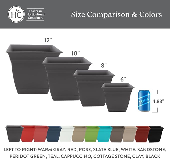 The HC Companies Eclipse Square Plastic Planter w/ Attached Saucer - Outdoor & Indoor Plant Pot with Drainage Holes - Lightweight, UV-Resistant Plastic Pots For Plants (10" Warm Gray, Pack of 1)