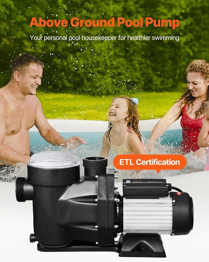 VEVOR Above Ground Pool Pump, 1.5HP, Self Priming Single Speed Swimming Pool Pump, 220V 3450 RPM 55 ft Max Head Lift with PP Shell Strainer Basket, 122°F Max Water Temp, for Hot Tubs Spas, No Plug