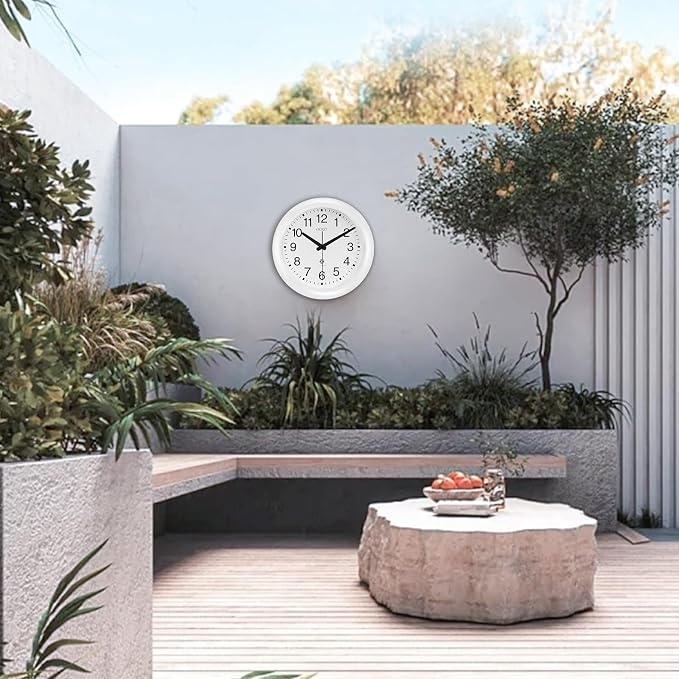 OCEST 12 Inch Sealed Indoor Outdoor Clock Waterproof, Silent Battery Operated Wall Clocks Decor for Patio Pool Porch Garden (White)
