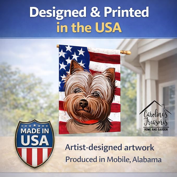 Caroline's Treasures CK6760CHF Yorkshire Terrier American Flag House Flag Large Porch Sleeve Pole Decorative Outside Yard Banner Artwork Wall Hanging, Polyester, House Size, Multicolor