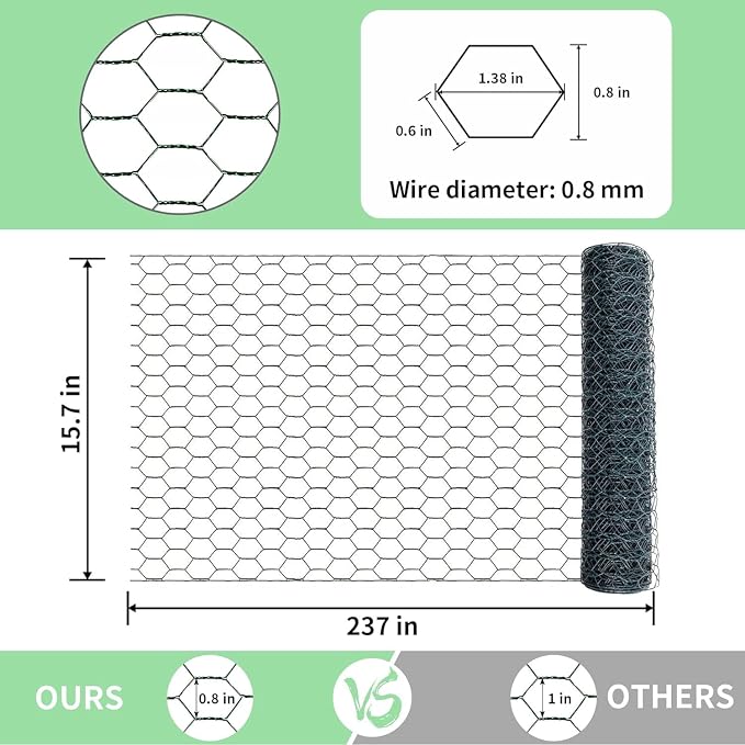 Chicken Wire 15.7 in x 237 in Poultry Wire Netting Hexagonal Galvanized Mesh Garden Fence Barrier for Pet Rabbit Chicken Fencing(PVC-Coated)