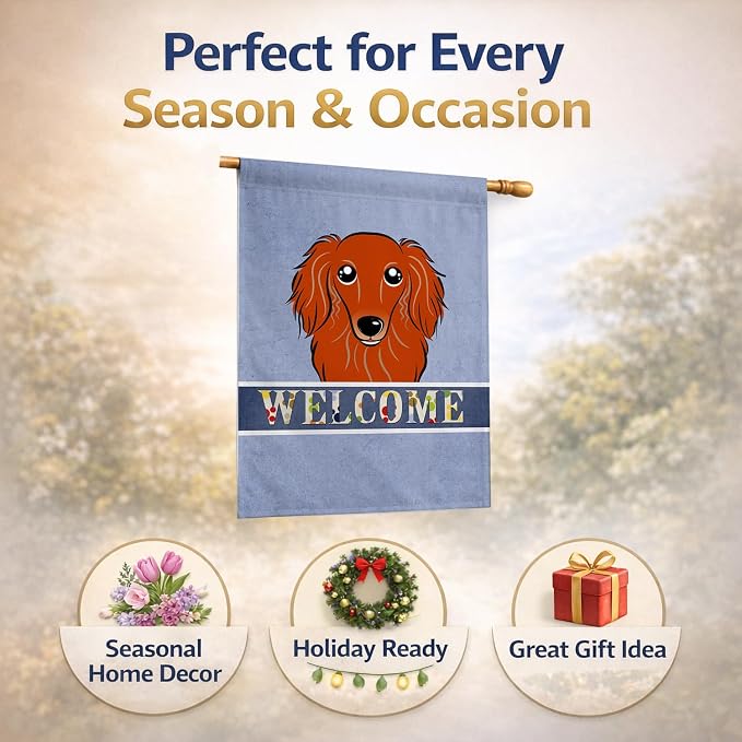 Caroline's Treasures BB1400CHF Longhair Red Dachshund Welcome House Flag, Blue Large Porch Sleeve Pole Decorative Outside Yard Banner Artwork Wall Hanging, Polyester, House Size, Multicolor