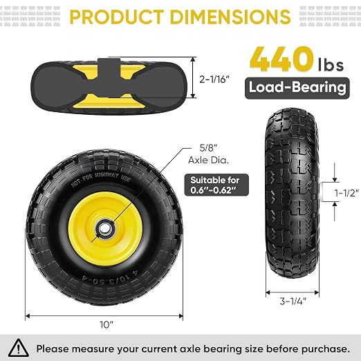 TICONN 10" Solid Tires, 4 Pack Flat Free 4.10/3.50-4'' Wheels with 5/8” Axle Bore Hole and Double Sealed Bearings (Yellow, 4PK)