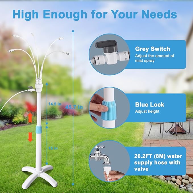 Misters for Outside Patio, Standing Misting Cooling System, Portable Water Mist Hose Kit for Outdoor, Adjustable Height & 5 Spray Nozzles for Backyard BBQ Cool Pool Tanning Garden Kids Having Fun.